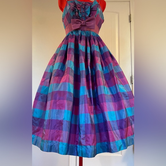 1960s / 1950s VTG Blue Purple Plaid Tuxedo Bodes Fit & Flare Sundress - Picture 8 of 9